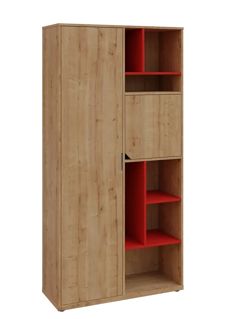 KSR6-83 L skříň šatní, 1x výsuvné ramínko, dvířka, niky, 2053x1022x400 mm, provedení levé, korpus a dvířka dub lite/police červená